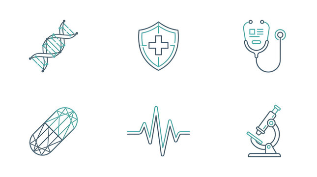 Laboratory symbols rendered in clean cyan line art showcase thin stroke textures and geometric precision against a stark white backdrop to emphasize clarity and modern.