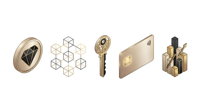 Crypto assets showcase a collection of isometric gold and black icons representing digital currency, blockchain security, financial access, payment cards, and market growth.