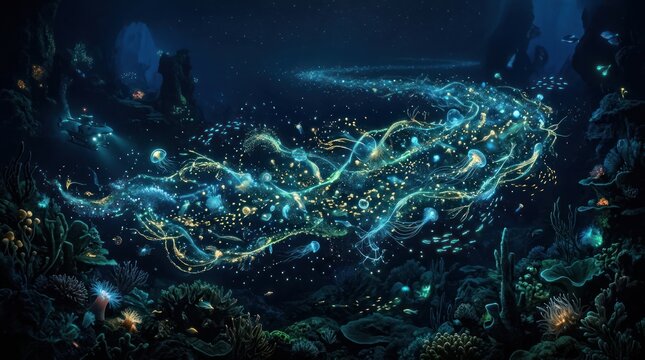 Abstract ocean current with bioluminescent particles