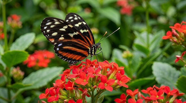 Postman Butterfly on Red Kalanchoe Blossoms Macro Wildlife Floral Portraiture  vivid red kalanchoe flowers tropical butterfly Heliconius erato crimson blooms soft green bokeh silver-green air