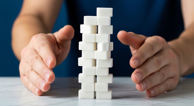 Sugar cubes stacked in unstable high tower, hands protecting fragile sugar brick structure, concept for diabetes risk and healthy diet control