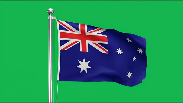 Australia national flag waving in clear sky. Vibrant blue Southern Cross banner flying on sunny day for patriotic events.