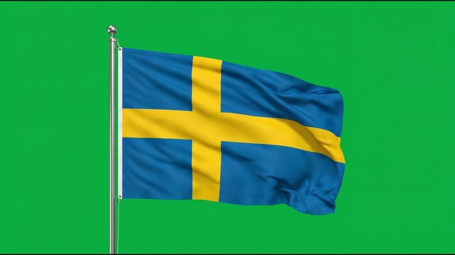 Swedish flag waving in the wind on flagpole. Scandinavian national banner fluttering against vibrant green background for patriotic displays.