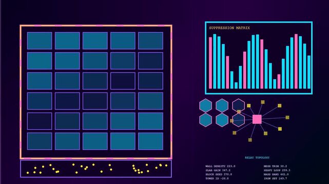 Digital signal shielding displays featuring oscillating frequency charts and glowing blue grid matrices within a dark interface showing fluctuating metrics for complex system monitoring data analysis