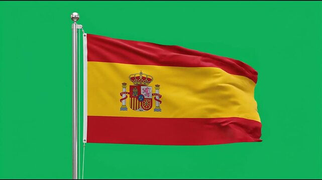 Spain national flag waving in the wind. Vibrant red and yellow banner with royal coat of arms fluttering outdoors.