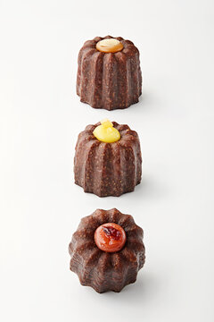 Three French Caneles topped with salted caramel, lemon and raspberry cream fillings  on a White Background