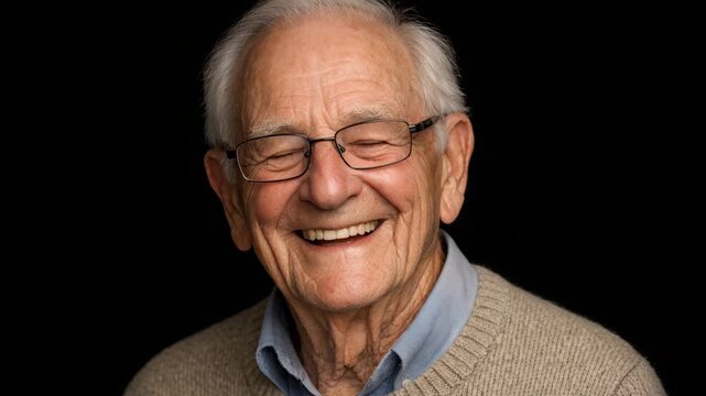 Smiling elderly man with glasses and sweater enjoying a moment of joy