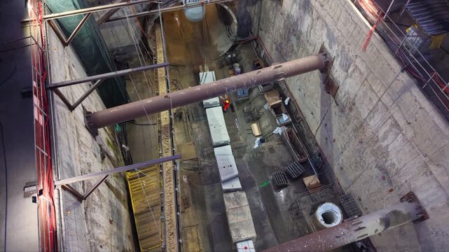 Aerial view inside a deep industrial construction shaft where workers install large ventilation duct sections beneath heavy steel bracing, surrounded by concrete walls, lifting cables and construction