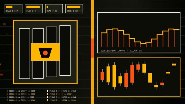Signal shielding interface screens display moving bar graphs and glowing orange candle charts across multiple windows in a dark digital space for analytical software monitoring