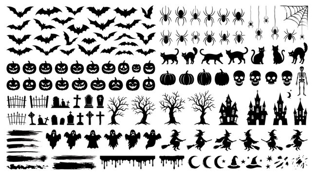 Halloween vector silhouettes set featuring bats spiders black cats jack o lanterns ghosts witches haunted castles tombstones spooky trees