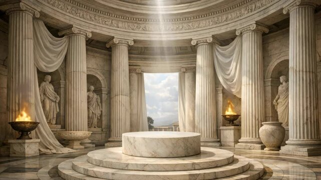 Sunlight streams through ancient stone columns. Marble steps lead to a central altar. Statues stand solemnly in arched niches. Candles glow softly beside draped fabric