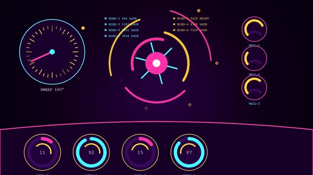 Signal shielding monitors display glowing neon circular gauges and numeric data points in a seamless loop of complex interface activity for a digital control hub environment