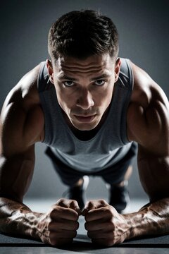 Muscular man holds plank position his face showing intense focus and determination. Athlete trains core muscles in clean gym environment for ultimate strength and discipline.