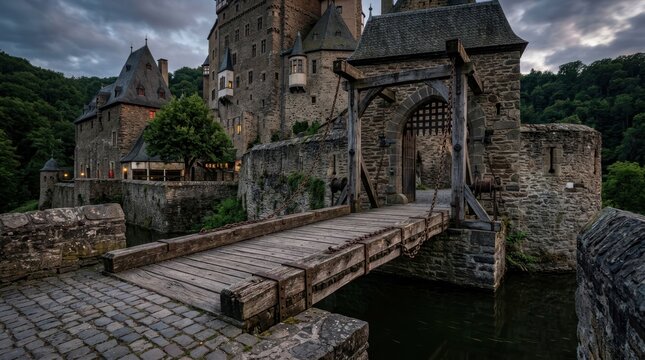 Ancient castle fortress drawbridge entrance moody