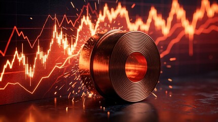 Obraz premium Shiny copper coil stands before glowing red financial market chart. Metal roll represents industrial demand, global trade growth. Metallic material sparks near digital economic graph. Business