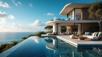Fototapeta premium Modern villa with infinity pool overlooks ocean. Outdoor lounge area and expansive windows offer sea views. Rich greenery surrounds luxury home. Bright sunny day.