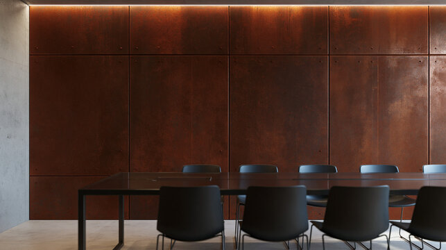 Modern Boardroom Interior with Corten Steel Wall and Conference Table