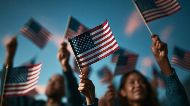 Crowd Waving American Flags Celebrating Independence Day Outdoors