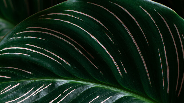Macro Shot of Dark Green Striped Tropical Leaf