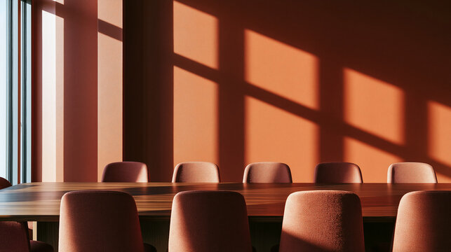 Modern Empty Boardroom Interior with Sunlight and Shadows