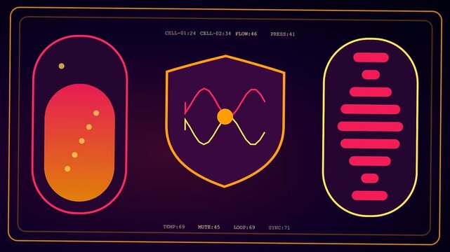 Signal shielding interface displays geometric motion graphics with shifting sine wave patterns and pulse data indicators in this smooth transition animation of a digital software system