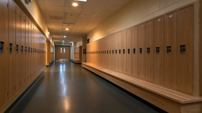 Empty School Corridor Lined with Wooden Lockers