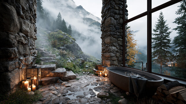 Luxury Mountain Spa Retreat with Stone Bathtub and Panoramic View