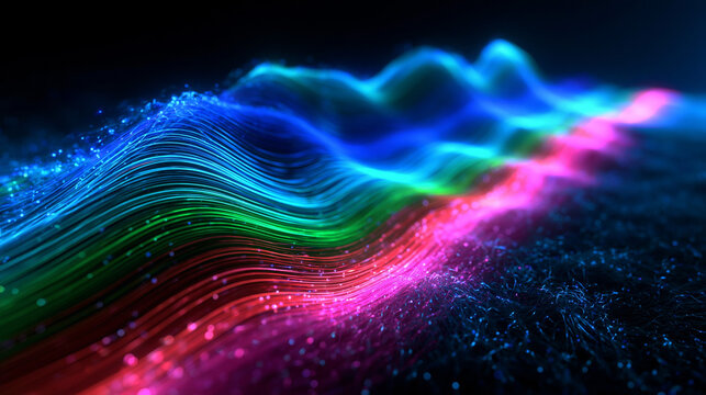Glowing Colorful Fiber Optic Digital Data Wave Abstract Background
