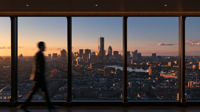 Businessman Walking in Modern High Rise Office at Sunset