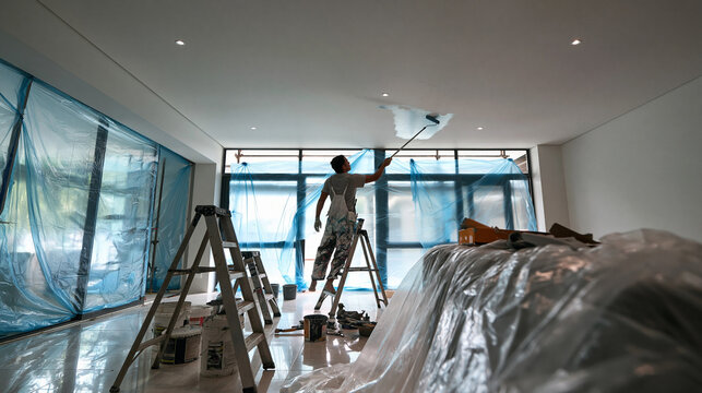 Professional Painter Painting Ceiling During Home Renovation
