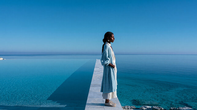 Woman at Luxury Resort Infinity Pool Overlooking Ocean