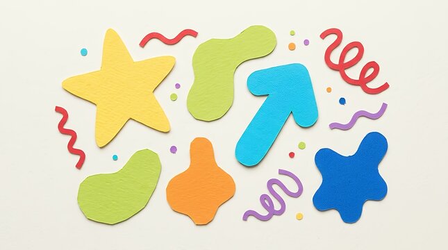 Papercut shape with star blob and arrow. Funky cutout blobs with freeform squiggle and paper cut shape for kid scrapbook. doodle set isolated for childish decoration and playful promo design 