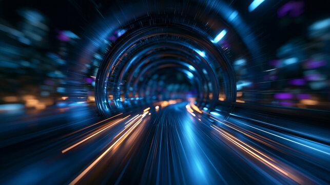 Futuristic Digital Tunnel with Glowing Light Trails and High Speed Data Concept