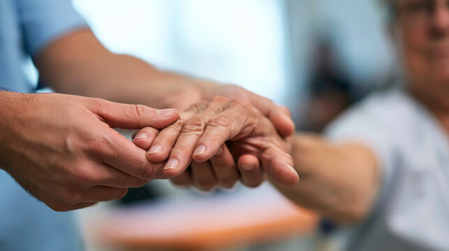 Caregiver Holding Senior Patient Hand in Healthcare Facility