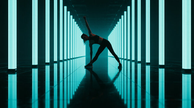 Athletic Woman Posing in Futuristic Neon Corridor