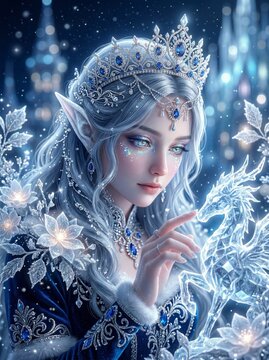 Ice Queen Elf With Crystal Crown Touching Glowing Dragon Sculpture In Winter Castle