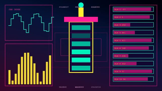 Signal shielding interfaces display diverse flickering analytical data charts and glowing light panels in a modern digital monitoring system with shifting colorful bar graphs and metrics