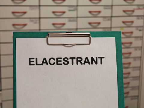 ELACESTRANT estrogen receptor degrader for ER positive breast cancer displayed on a clipboard in a pharmacy healthcare concept