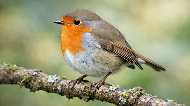 A close-up of a robin sitting on a branch with its chest puffed out.