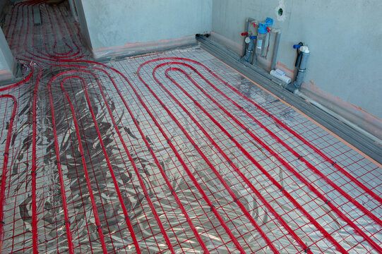 Underfloor surface heating pipes. Low temperature heating concept