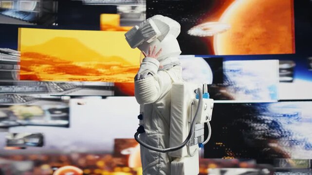Young cosmonaut drifts in zero gravity during a spacewalk, connecting interstellar adventure, celestial wonder, astronautics and future planetary discovery.