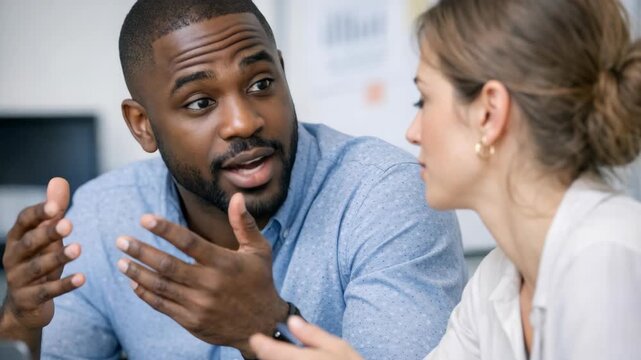 Two adults engaged in a discussion while sitting across from each other at a desk. The man is gesturing with his hands while speaking, indicating active communication.