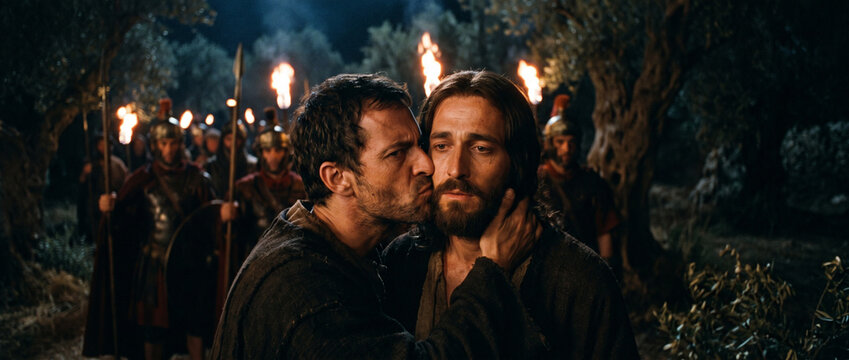 Judas betraying Jesus with a kiss under torchlight at night. Man kissing prophet face in garden. Biblical scene of betrayal and arrest. Dramatic historical narrative of sacrifice.