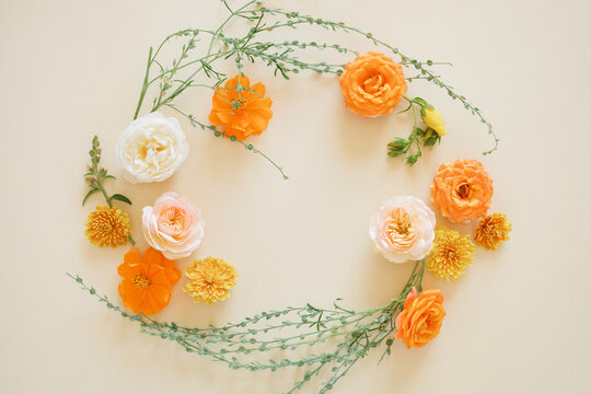 Close-up Overhead view of assorted orange and peach garden roses, anemones and foliage arranged in a circle on a white background
