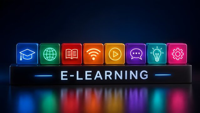 Illuminated neon e-learning text banner with colorful glowing 3D educational icons on dark background