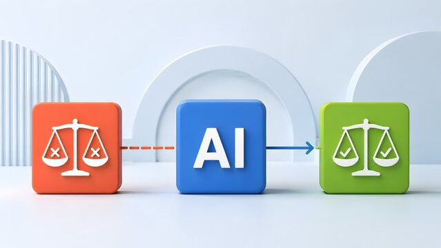 3D rendering showing AI correcting legal bias with balance scale icons transitioning from incorrect red to correct green