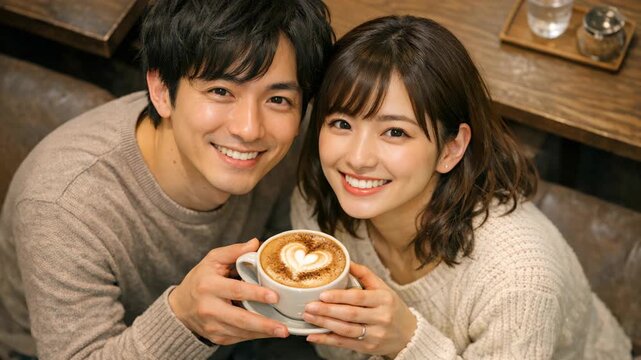 Young man and woman smiling at camera holding a cup of coffee with heart shape foam on top. Indoors cafe setting