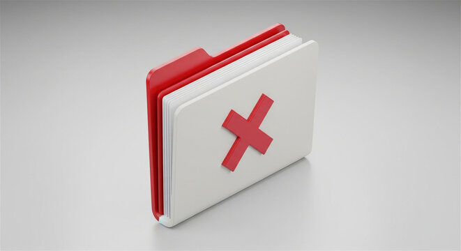 Red and white medical folder icon, clinical patient records file with cross symbol, healthcare data storage concept