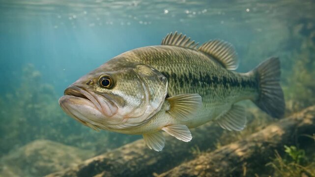 Large mouthed fish swims calmly near submerged rocks. Clear water shows gentle ripples and sunlight beams. Fish has dark markings and pale underbelly. Green aquatic plants surround the stone base