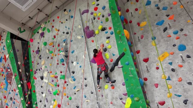 Indoor sport climber ascending steep artificial climbing walls on colorful routes while secured with ropes and harnesses, demonstrating balance, strength, technique and concentration during training.